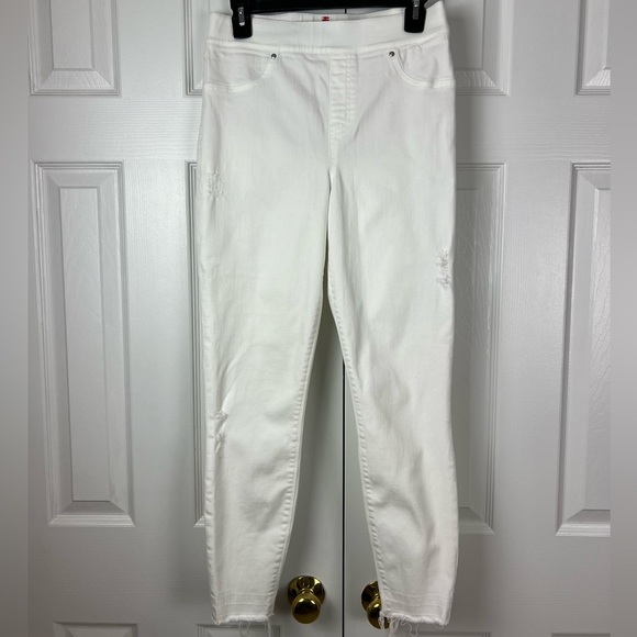 Spanx Womens Distressed Skinny Ankle Jeans White‎ Raw Hem Size Medium - Picture 1 of 13